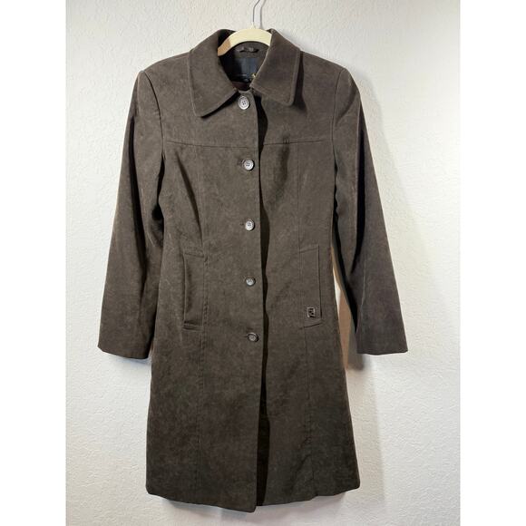 Women's VIntage Faux Suede Brown Long Button Front Coat Size 6 - Picture 1 of 8